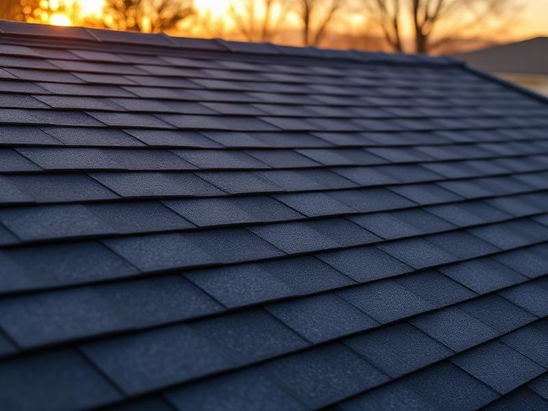Dark architectural asphalt shingles at golden hour