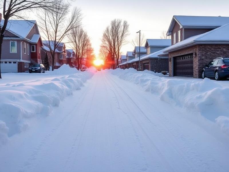 Freshly cleared driveway in a snowy Manitoba neighborhood at sunrise